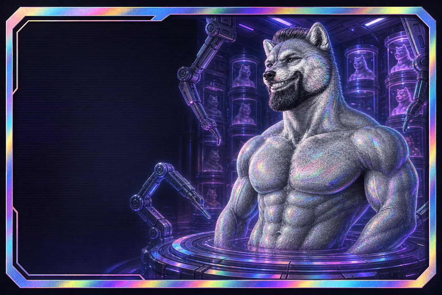 Wide holographic scene of specimen storage tanks and lab arms behind the badge record